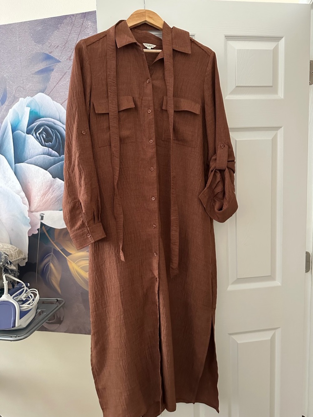 Long Button-Up Shirt Dress in Warm Brown